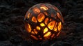 Fiery glowing sphere encased in rugged stone network