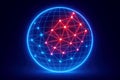 Glowing spherical network grid with red and blue illuminated nodes and connections sphere globe Royalty Free Stock Photo