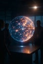 A glowing, spherical network projection hovers over a table, observed by figures, suggesting advanced tech and data analysis in Royalty Free Stock Photo