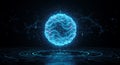 A glowing, spherical object floats against a dark background. The sphere is