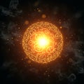 A glowing, spherical object with intricate symbols and patterns, radiating a bright,