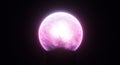A glowing, spherical orb emits a soft purple and pink light against a dark