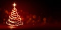 Glowing spiral Christmas tree on red background with star topper and sparkling lights Royalty Free Stock Photo