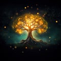 Glowing spirit tree with strong roots, on black sparkling background. Golden magical tree. Generative AI