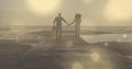 Glowing spots of light against african american couple holding hands running on the rocks