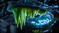 Enigmatic Cave Formations: Luminous Green Stalactites in Dark Grotto Royalty Free Stock Photo