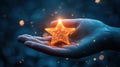 Glowing star held in hand with sparkling effects and blue bokeh background Royalty Free Stock Photo
