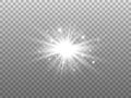 Glowing star isolated on transparent backdrop. White explosion with dust. Silver magic glitter effect. Bright burst with