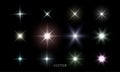 Glowing star lights effect, lens flare and bright explosion effect. Vector isolated color star light flash and sparkle rays set