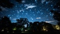 Glowing star trail illuminates dark galaxy in vibrant night sky generated by AI