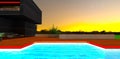 Glowing steps visible under the transparent water of the pool with the distant dawn sky on the background. 3d rendering Royalty Free Stock Photo
