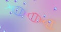 Glowing stylized DNA double helix rotating in digital abstract background, with virus-like spheres