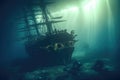 Glowing sunken pirate ship underwater with a giant squid. generative ai AIG32