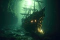 Glowing sunken pirate ship underwater with a giant squid. generative ai AIG32