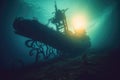 Glowing sunken pirate ship underwater with a giant squid. generative ai AIG32