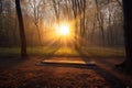 glowing sunrise, with sunlight shining through the trees and onto a yoga mat