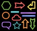 Glowing symbols. Realistic retro signs with lamps of different forms. Blue, red and yellow neon bulbs marketing frame Royalty Free Stock Photo