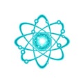 Glowing teal atom model with white background and shining center. Royalty Free Stock Photo