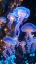 Glowing tentacles and trails of light emanate from a school of jellyfish as they float through the dark blue waters, crafting an Royalty Free Stock Photo