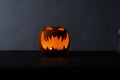 Glowing and terrified halloween pumpkin with a candle inside. Smiling Jack O` Lantern