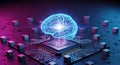 Futuristic digital brain hologram representing artificial intelligence and advanced technology on microchip circuit board Royalty Free Stock Photo