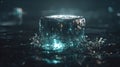 Abstract Glowing Ice Cube Splashing Water Dynamic Motion. Royalty Free Stock Photo