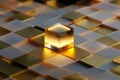 Luminous Golden Cube on a Metallic Grid Royalty Free Stock Photo