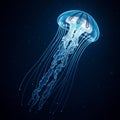A glowing, translucent jellyfish gracefully floats in a dark, underwater setting. The Royalty Free Stock Photo
