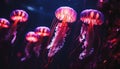 Glowing, translucent moon jellyfish swim in dark underwater beauty generated by AI