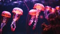 Glowing, translucent moon jellyfish swim in underwater beauty generated by AI