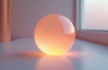 Glowing translucent orb emits soft warm light on minimalist surface. Sphere reflects ambient light and shadows creating calm Royalty Free Stock Photo