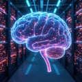 Glowing transparent brain with digital data streams inside. Futuristic concept art set in a server room with neon lights. Shows Royalty Free Stock Photo