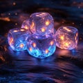 Glowing Transparent Dice Stacked on a Dark Surface with Glitter Royalty Free Stock Photo