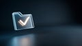 Glowing transparent folder icon with illuminated check mark floating on dark background symbolizing verified or completed digital Royalty Free Stock Photo