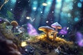 A glowing transparent and highly detailed butterfly flying through an Forest hovering over a glowing mushroom, with other glowing