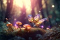 A glowing transparent and highly detailed butterfly flying through an Forest hovering over a glowing mushroom, with other glowing