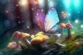 A glowing transparent and highly detailed butterfly flying through an Forest hovering over a glowing mushroom, with other glowing