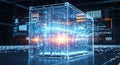 Futuristic transparent data server cube illuminating with blue and orange energy amidst digital information displays Royalty Free Stock Photo