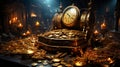 Glowing Treasure in a room with piles of gold. Steampunk style