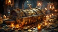 Glowing Treasure in a room with piles of gold. Steampunk style