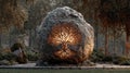 Enchanted Tree of Life Glowing Inside a Mysterious Rock in a Forest Royalty Free Stock Photo