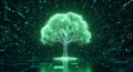 digital tree illuminated with glowing green particles on a dark background, representing technology, nature, and the interconnecte Royalty Free Stock Photo