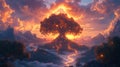 Glowing tree of life at sunset in a fantasy landscape Royalty Free Stock Photo
