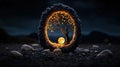 A glowing tree within a rock arch at night surrounded by stones and a full moon Royalty Free Stock Photo