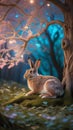 Hare under glowing tree in forest scene Royalty Free Stock Photo