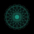 Glowing turquoise geometric mandala with structured radial symmetry on black background Royalty Free Stock Photo