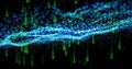 Glowing turquoise particle wave streaming through virtual space, with falling green binary digits Royalty Free Stock Photo