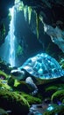 Glowing turtle in cave with waterfall Royalty Free Stock Photo
