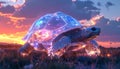 Glowing turtle in neon landscape sunset Royalty Free Stock Photo