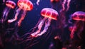 Glowing underwater beauty fish, tentacles, and moon jellyfish levitate generated by AI Royalty Free Stock Photo